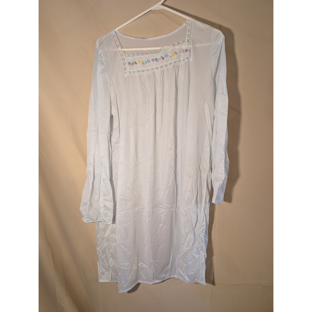 Vintage Light Blue Nightgown Long Sleeve Floral Embroidered Lace Trim Flaw